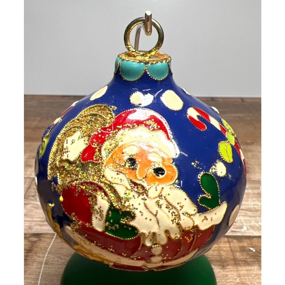 Hand-Painted Blue Glass Christmas Ornament With Santa & Candy Cane Motif